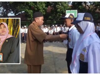 Penyematan tanda peserta MPLS SMPN 3 Tanjunganom (insert: Wiwik Wasilatinikmah. S.Pd., M.Si., Kepala SMPN 3 Tanjunganom) (Foto_asep)