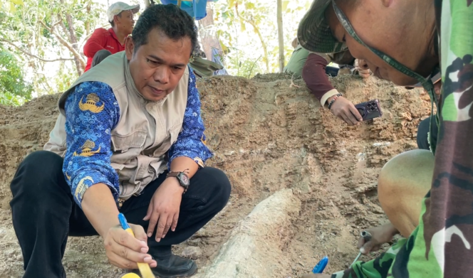 
					Kepala Dinas Porabudpar Kabupaten Nganjuk Gunawan Widagdo kunjungi kegiatan ekskavasi fosil stegodon di Hutan Tritik (foto_sukadi)